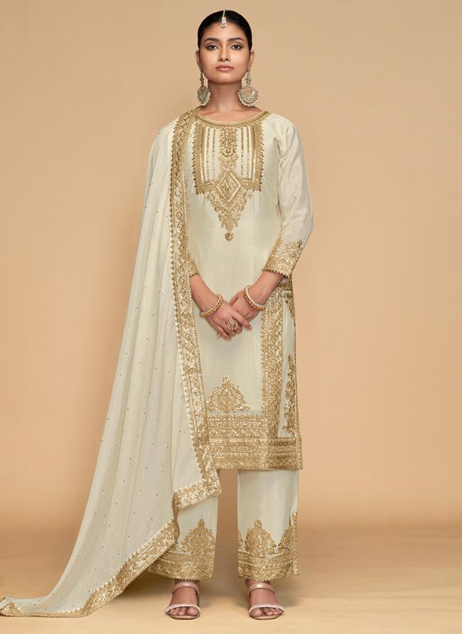 Chinnon Off White Wedding Wear Embroidery Work Readymade Straight Suit